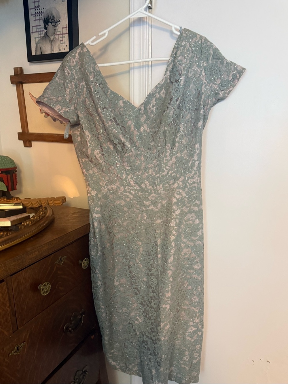1950s Blue Lavender Floral Lace Norman Original Mid Century Party Dress